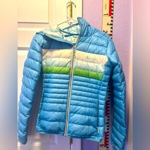 Cotopaxi Fuego hooded 800 goose down zip up puffer jacket - blue, size xs